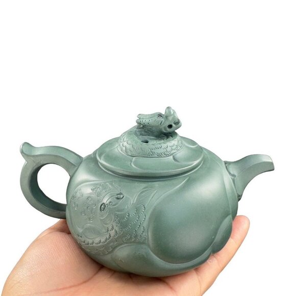 Chinese Yixing Zisha Green Clay Teapot Marked Pottery Dragon Serpent Tongue Out - Picture 13 of 16